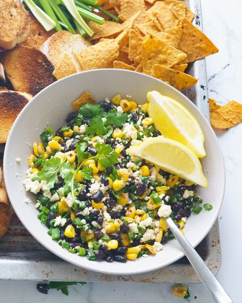 Black Bean Corn and Feta Dip Cold Chip Dip, Bean Corn Salsa, Black Bean Corn Salsa, Bean Chips, Cold Dips, Black Bean Corn, Appetizer Platters, Corn Dip, Feta Dip