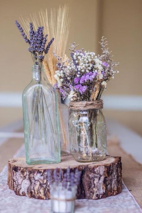 Close your eyes and breathe deep. It's the dried lavender on your rustic themed centerpieces! #summerweddings #weddings #DIY #centerpieces #lavender Rustic Purple Wedding, Lavender Centerpieces, Lavender Wedding Theme, Purple Wedding Centerpieces, Lavender Wedding Flowers, Rustic Wedding Decorations, Deco Champetre, Purple Stuff, Spring Centerpiece