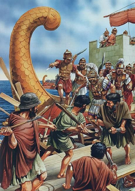 Pompeian troops repulsing Mediterranean pirates, 67CE Ancient Carthage, Punic Wars, Roman Warriors, Ancient Mariner, Eastern Roman, Historical Illustration, Ancient Warfare, Roman Soldiers, In Memoriam