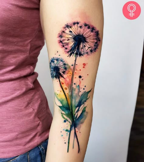 Dandelion And Moon Tattoo, Blow Flower Tattoo, Tattoo Ideas Female Dandelion, Dandelion Doodle, Let Them Dandelion Tattoo, Fine Line Dandelion Tattoo, Colorful Dandelion Tattoo, Coloured Dandelion Tattoo, Dandelion Tattoos