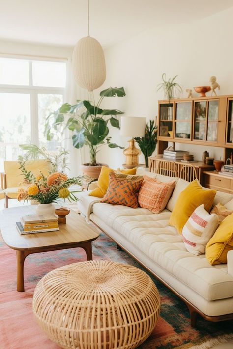 These boho living room ideas are classy and cozy examples of this eclectic design. They showcase relaxed yet stylish living spaces decorated with eclectic accents, vibrant textures, and natural elements. Browse the images for creative ideas on incorporating colorful pillows, macrame hangings, patterned fabrics, wooden furnishings, and more bohemian details into your own living area. #boho #boholivingroom #bohodecor Boho Interior Design Living Room, Colorful Home Aesthetic, Boho Living Room Colorful, Cozy Colorful Living Room, Cozy Boho Living Room Inspiration, Colorful Boho Living Room, Boho Living Rooms, Boho Living Room Decor Ideas, Cozy Eclectic