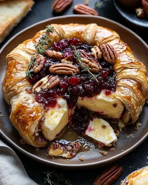 Baked Brie with Cranberry Sauce and Pecans Baked Brie With Cranberry Sauce, Brie With Cranberry Sauce, Baked Brie With Cranberry, Baked Brie Cranberry, Lobster Cream Sauce, Pecan Baked Brie, Lunch At Home, Brie Cranberry, Cranberry Baking