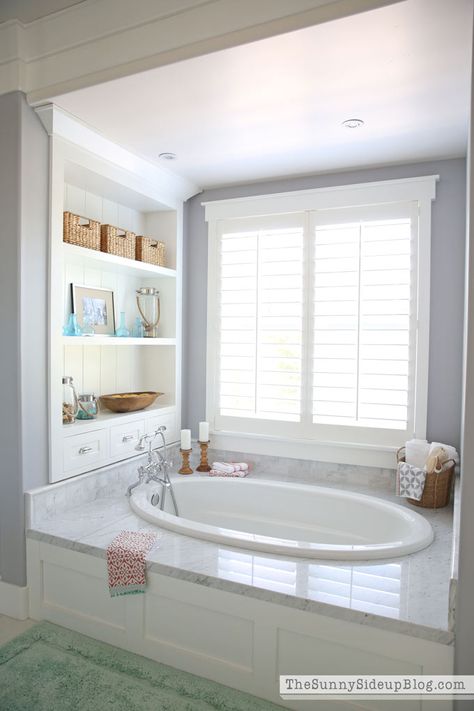 Custom recessed shelving next to soaking tube Beautiful Master Bathrooms, Bathtub Remodel, Small Remodel, Master Bath Remodel, Bathroom Tub, White Bath, Bathroom Remodel Designs, Trendy Bathroom, Bath Room