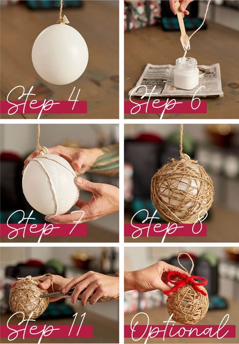 Fun string art holiday crafts - Thirty-One Gifts - Affordable Purses, Totes & Bags Jute Xmas Decorations, Diy String Ornaments, Twine Ball Ornaments, String Christmas Ornaments, Home Made Xmas Tree Decorations, Boho Christmas Ideas, String Ornaments Diy, String Crafts Ideas, Christmas Tree Decor Ideas Diy