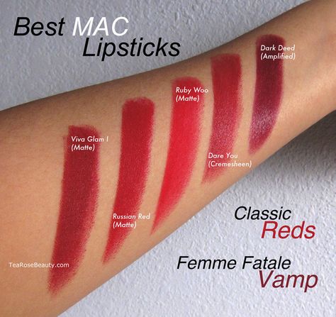 Best MAC Lipsticks - Classic Reds to Femme Fatale Vamp / Viva Glam I (Matte), Russian Red (Matte), Ruby Woo (Matte), Dare You (Cremesheen), Dark Deed (Amplified) / TeaRoseBeauty.com Mac Red Lipsticks, Makeup Lips Matte, Best Mac Lipstick, Mac Lipstick Swatches, Mac Lipstick Shades, Lip Colours, Mac Lipsticks, Russian Red, Best Mac