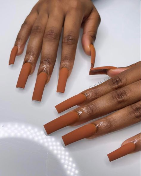 Cute Fall Nails Orange And Brown, Burnt Orange Nails Black Women, Nails Acrylic Burnt Orange, Burnt Orange Nails Acrylic, Fall Orange And Brown Nails, Ginger Nails, Matte Burnt Orange Acrylic Nails, Boho Fall Nails, Ballerina Acrylic Nails