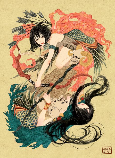 COC -  Oriental Painting ver. Bodysuit Tattoos, Comics Illustration, Asian Painting, Japon Illustration, Toy Art, 판타지 아트, Ethereal Art, Japan Art, 영감을 주는 캐릭터