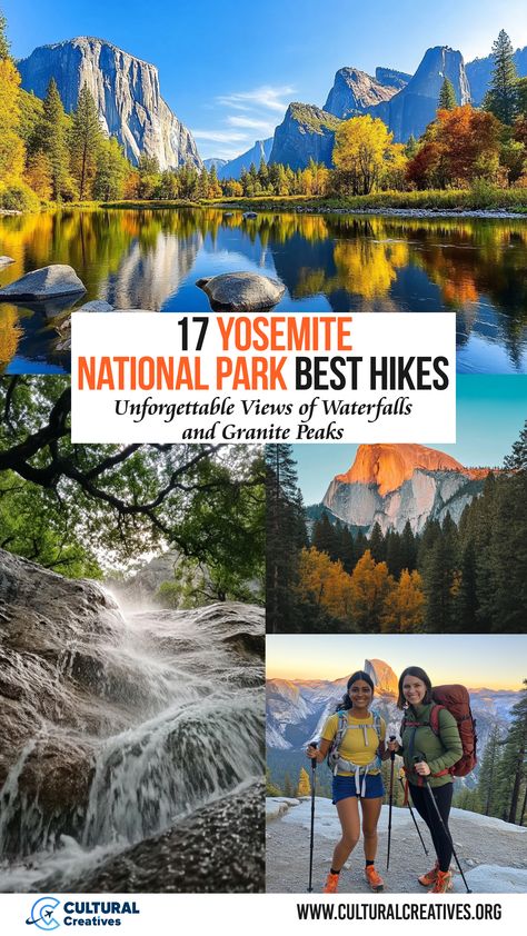 A collage of stunning Yosemite landscapes, waterfalls, granite peaks, and smiling hikers, showcasing the beauty of the 17 Yosemite National Park Best Hikes. Best Hikes In Yosemite National Park, Hiking Yosemite, Yosemite Lodging, Yosemite Hikes, Hiking Usa, Yosemite Trip, California Hikes, Hiking Spots, Hiking Destinations