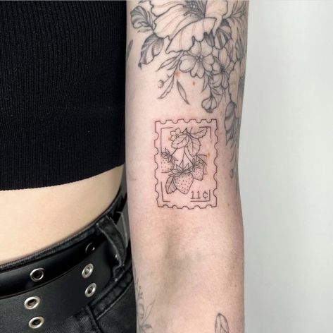 Stamp Tattoo Strawberry, Pomegranate Stamp Tattoo, Strawberry Postage Stamp Tattoo, Peach Stamp Tattoo, Cherry Stamp Tattoo, Matching Stamp Tattoos, Fine Line Strawberry Tattoo, Postcard Tattoo Ideas, Strawberry Stamp Tattoo