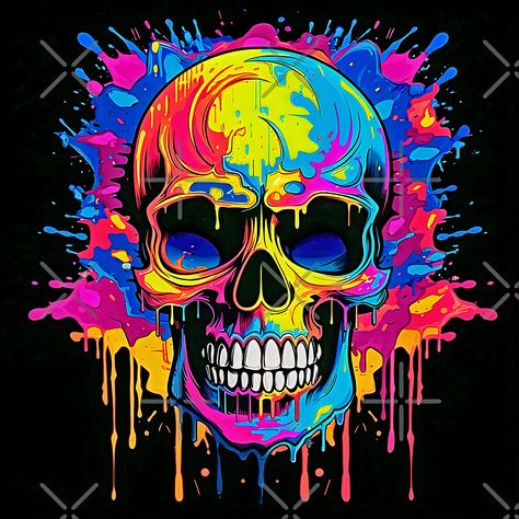 An art design of a skull splashed with colorful dripping paint  with vivid bold hues in a graffiti cartoon style Skull Graffiti Art, Skull Painting Ideas, Skull Graffiti, Neon Graffiti, Colorful Skull Art, Rainbow Skull, Graffiti Canvas Art, Concert Poster Art, Dripping Paint