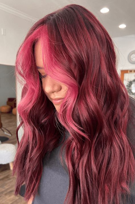 radiant hair, burgundy hair, pink hair Deep Red And Pink Hair, Raspberry Color Hair, Cherry Red Hair With Pink Highlights, Red With Pink Hair, Red With Pink Highlights, Maroon And Pink Hair, Dark Pink Hair Color, Reddish Pink Hair, Warm Pink Hair