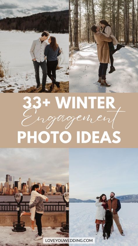 Looking for inspiration for winter engagement pictures? We have 33+ stunning ideas for your winter engagement photos, whether indoors or outdoors. Discover winter engagement picture outfit ideas, poses, January engagement themes, and more! Click through for all the winter couple photos inspiration you need. Simple Engagement Poses, Couple Outdoor Photoshoot Outfits, Winter Engagement Photos Outfits City, How To Pose For Outfit Pictures, January Engagement Pictures Outfit, Engagement Winter Outfits, Winter Cabin Engagement Photos, Winter Wedding Engagement Photos, Couples Winter Photoshoot Outfits What To Wear