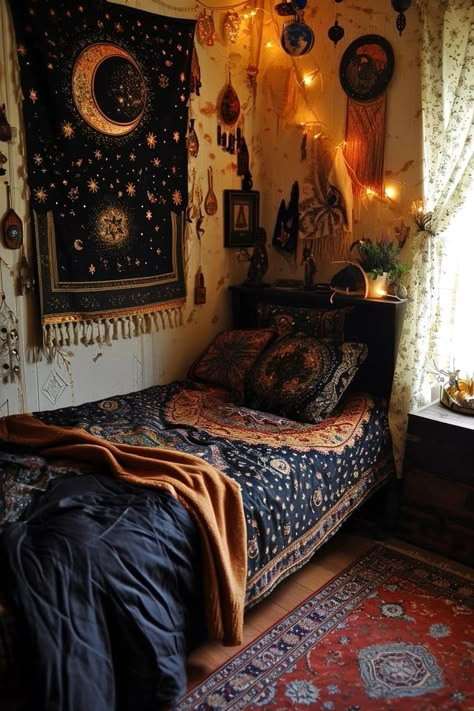 25 Witch Bedroom Ideas For A Magical And Enchanting Space Witchcraft Bedroom Aesthetic, Space Core Room, Moody Dorm Room, Bedroom Ideas Witchy, Witchy Bedrooms, Witch Bedroom Ideas, Witch Aesthetic Bedroom, Witchy Room Aesthetic, Witch Bedroom Decor