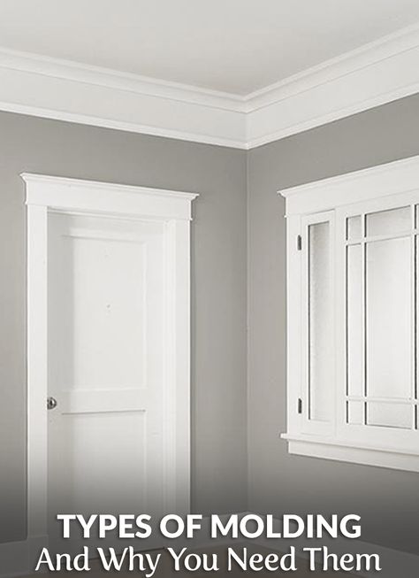 Types of Molding and Why You Need Them. Discover the many types like base trim, quarter round, and scribe, and why you need them to completely finish your remodel. Types Of Trim Moldings, Quarter Round Molding Ceiling, Types Of Moulding, Types Of Crown Molding Ceiling, Types Of Window Trim, Farmhouse Crown Molding Ceilings, Ceiling Mouldings And Trim Ideas, Trim Types, Farmhouse Crown Molding