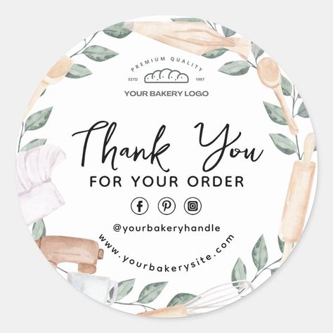 Watercolor Eucalyptus Border Baking Thank You Logo Sticker Makanan, Food Label Design Stickers Packaging Ideas, Thank You Stickers Business, Diy Cookie Packaging, Cake Business Plan, Eucalyptus Border, Cooking Icon, Baking Logo Design, Baking Logo