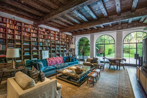 Vice Media Cofounder Shane Smith Lists Santa Monica Estate for $50 Million | Architectural Digest Mediterranean Style Home, Mediterranean Style Homes, Home Libraries, Rustic Living, Rustic Living Room, Private Patio, Celebrity Houses, Home Library, Spanish Style