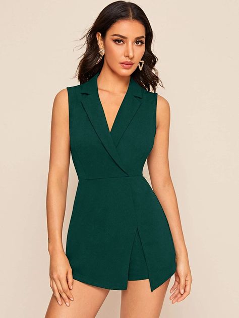 Notch Collar Solid Blazer Skort Romper | SHEIN USA Minimalist Business Casual, Skort Romper, Comfy Jumpsuits, Solid Jumpsuit, Wrap Romper, Backless Jumpsuit, Sleeveless Rompers, Notch Collar, Looks Chic