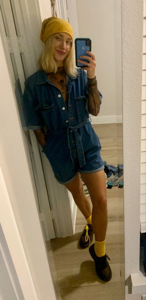 Yellow doc marten laces socks bandana denim romper lace layers outfit inspo - #cool #denim #lace #bandana Marten Outfit, Denim Romper Outfit, Lace Bandana, Layers Outfit, Cool Denim, Doc Marten, Lace Layers, Lace Socks, Romper Outfit