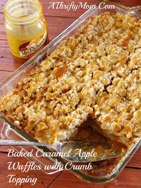 Baked Caramel Apple Waffles with Crumb Topping, Great Eggo Waffle Off, Eggo Chief Waffle Officer, Money Saving Recipes Recipes With Eggo Waffles, Eggo Waffle Ideas, Waffle Casserole, Eggo Waffle, Crumb Topping Recipe, Baked Caramel Apples, Apple Waffles, Easy Waffle Recipe, Eggo Waffles