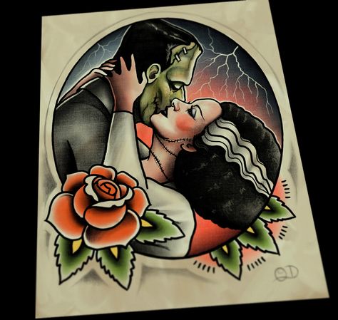 Frankenstein And Bride Tattoo, Kurt Tattoo, New Age Tattoo, Flash Art Tattoos, Frankenstein Tattoo, Frankenstein And Bride, Bride Tattoo, Kiss Tattoos, Art Flash