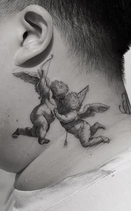 Baby Eros Tattoo Eros Tattoo, Angle Tattoo For Men, Traditional Tattoo Black And Grey, Angel Sleeve Tattoo, Small Face Tattoos, Angle Tattoo, Mens Body Tattoos, See Tattoo, Cherub Tattoo