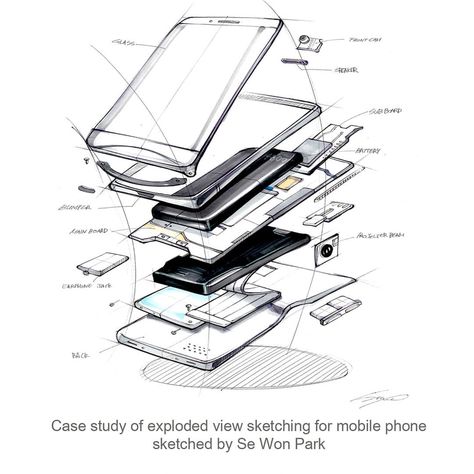 Won Kim on Instagram: “Case study of exploded view drawing for mobile phone design #art #artdrawing #sketch #sketching #design #designsketch #productdesign…” Phone Infographic Design, Product Exploded View, Phone Sketch Drawing, Exploded View Sketch, Exploded View Drawing, Exploded Drawing, Phone Sketch, Explosion Drawing, Exploded Diagram