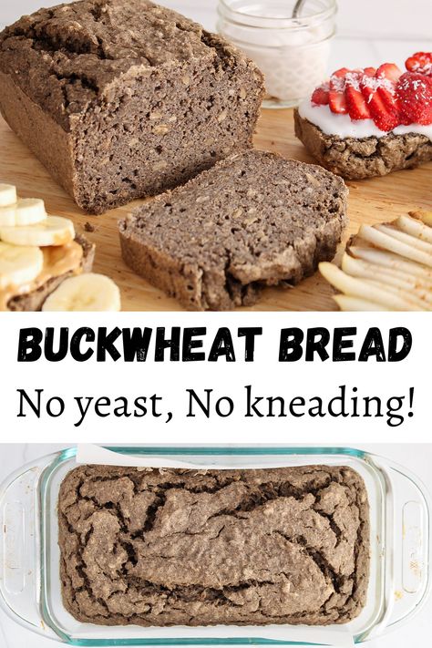 The top portion shows a easy buckwheat bread that was half sliced. There are a few slices around that are topped with nut butters and fruits. The bottom picture shows an over head view on a buckwheat bread that was just baked in a loaf pan. Using Chia Seeds, Buckwheat Bread, Buckwheat Recipes, Pan Sin Gluten, Almond Meal, Buckwheat Flour, Vegan Bread, Monkey Bread, Keto Cookies