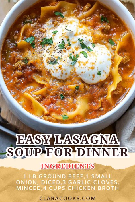 Easy Lasagna Soup for Dinner Lasagna Soup For Two, Recipes For Dinner Lasagna, Quick Soups For Dinner, Quick Lasagna Soup, Lasagna Soup Easy, Cheesy Baked Potato Soup, Dinner Lasagna, Broccoli Potato Cheese Soup, Steakhouse Potatoes