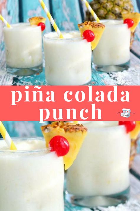 Super easy summer drink! We love this pina colada punch recipe! #summerdrink #summer #drink #slushy #adultdrink #cocktail #cocktailrecipe #coconut #pineapple #summerparty Pina Colada Punch Recipe, Pina Colada Punch, Punch Drink, Pina Colada Recipe, Party Punch Recipes, Punch Drinks, Deserted Island, Summertime Drinks, Punch Recipe