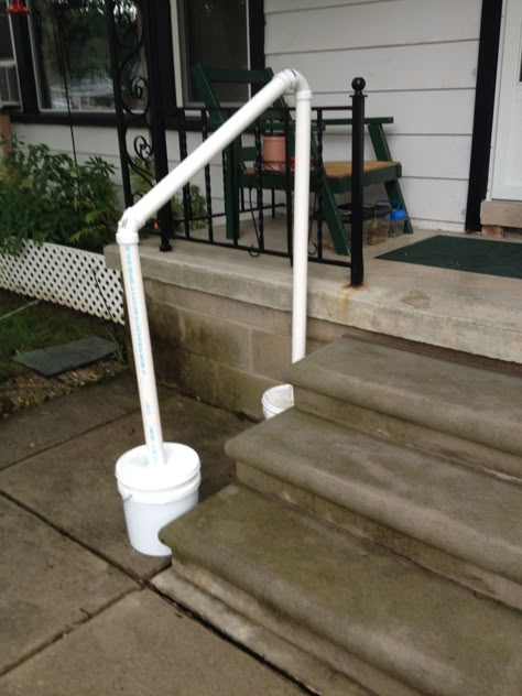 Temporary hand rail for my mom when in town . Temporary Stair Railing, Diy Hand Rail, Diy Handrails For Stairs Outdoor, Diy Railings For Stairs Outdoor, Step Railing Outdoor, Trex Railing, Railing Outdoor, Exterior Handrail, Pvc Railing