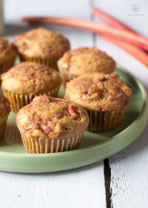 Vegan Rhubarb Muffins with a cinnamon sugar topping Vegan Rhubarb Bread, Vegan Rhubarb Recipes, Vegan Rhubarb, Best Vegan Pancakes, Muffin Vegan, Rhubarb Oatmeal, Jackfruit Curry, Vegan Jackfruit, Rhubarb Muffins