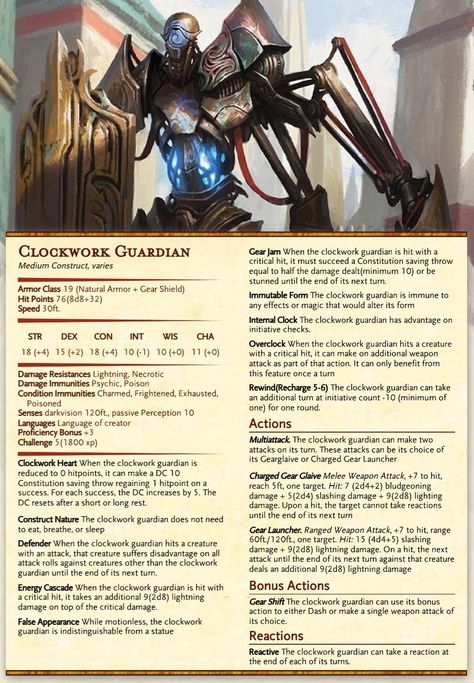 Dnd 5e Homebrew Constructs, Dnd Clockwork Monsters, Dnd Enemy Sheet, Dnd Enemy Stats, Dnd Construct Monster, 5e Constructs, Construct Dnd, Dnd Clockwork, Dnd Stat Blocks