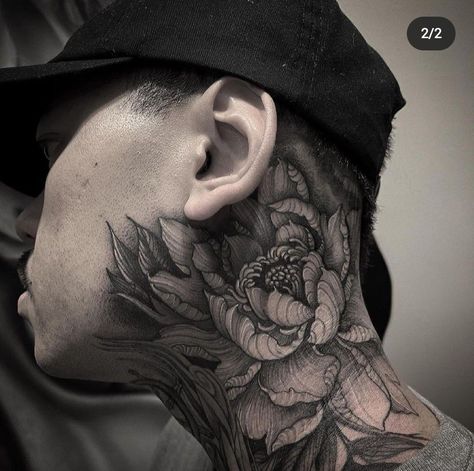 Peony Neck Tattoo Men, Flower Neck Tattoo Men, Men’s Throat Tattoos, Back Head Tattoo, Mens Throat Tattoo, Throat Tattoo Men Design, Side Neck Tattoo For Guys Ideas, Blackwork Neck Tattoo, Peony Neck Tattoo