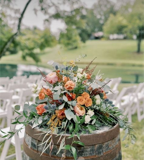 Whiskey Barrel Floral Arrangement, Flowers On Barrels For Wedding, Barrel Arrangements Wedding, Whiskey Barrel Flowers, Fall Wedding Florals, Barrel Flowers, Whiskey Barrel Wedding, Vintage Crock, Enchanted Forest Wedding