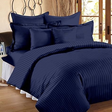 Ahmedabad Cotton 250 TC Sateen Bedsheet with 2 Pillow Covers - Striped, King Size, Blue Ahmedabad Cotton Blue Bedsheet, Blue Bed Sheets, India House, Designer Bed Sheets, King Size Bed Sheets, Double Bed Sheets, Fitted Bed, Buy Bed, Fitted Bed Sheets