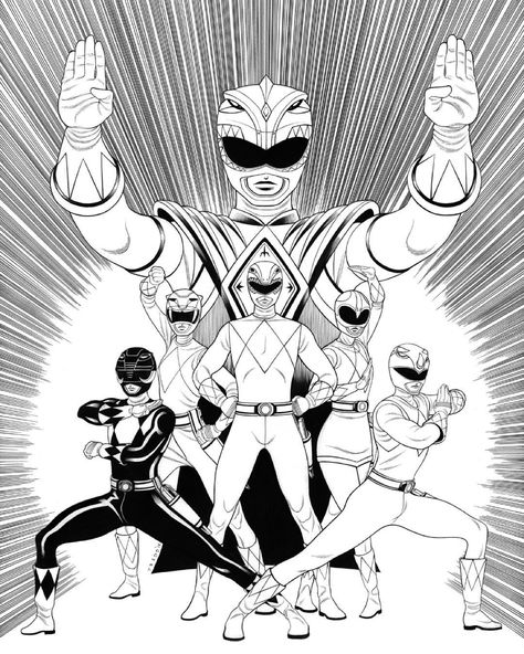 Mighty Morphin Power Rangers issue 1 variant inks. #powerrangers #mightymorphinpowerrangers by traddmoore Power Rangers Tattoo, 1980s Horror Movies, Tradd Moore, Power Rangers Coloring Pages, Festa Power Rangers, Power Ranger Black, Original Power Rangers, Power Rangers Megazord, New Power Rangers