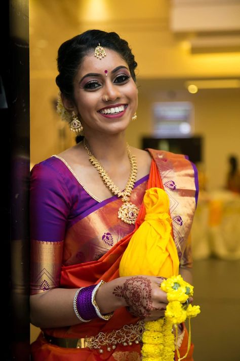 Orange and Purple Kanchipuram Saree Purple Kanchipuram Saree, Purple Saree, Orange Saree, Kanchipuram Saree, Orange And Purple, Saree, Silk, Orange, Purple