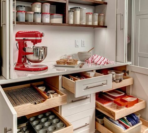 baker's-kitchen-mention - Provanti Designs Bakers Kitchen Design, Home Bakery Kitchen Design, Home Bakery Kitchen, Bakery Kitchen Design, Kitchen Storage Ideas Cabinet, Diy Kitchen Organization Ideas, Diy Kitchen Organization, Bakers Cabinet, Small Kitchen Hacks