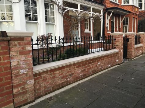 Brick Wall With Railings, Front Garden Wall With Railings, Brick Wall Capping Ideas, Brick Wall Front Garden, Brick And Iron Fence Ideas, Red Stone House, Victorian Front Garden, Front Garden Ideas Driveway, Brick Wall Gardens