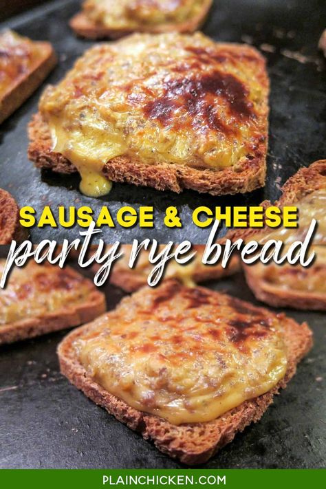 Sausage & Cheese on Party Rye Bread - SUPER simple to make and tastes great! Sausage, Velveeta, garlic powder, and Worcestershire sauce baked on top of party rye bread. These are our GO TO snacks for parties, tailgating, and holiday mornings! You can make these party pizzas in advance and freeze them for later. #appetizer #sausage #gameday #breakfast Gameday Breakfast, Hanky Panky Recipe, Appetizer Sausage, Rye Bread Sandwiches, Party Bread, Sausage Appetizers, Football Friday, Rye Bread Recipes, Sausage Bread