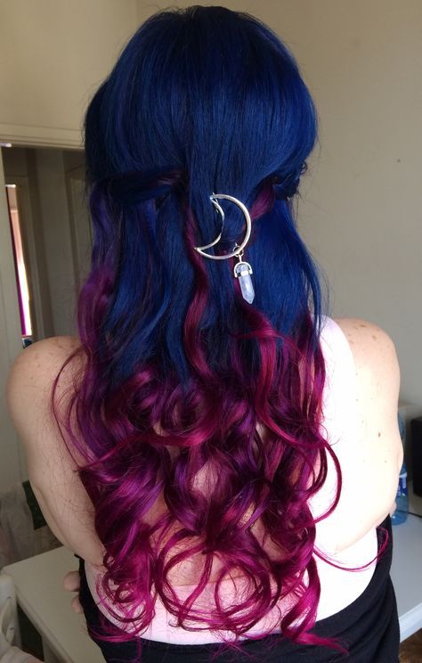 Midnight blue and magenta ombre. Directions Midnight Blue, Exotic Hair Color, Blue And Pink Hair, Hair Color Idea, 2024 Hair Color, Maroon Hair, Blue And Magenta, Red Ombre Hair, Magenta Hair