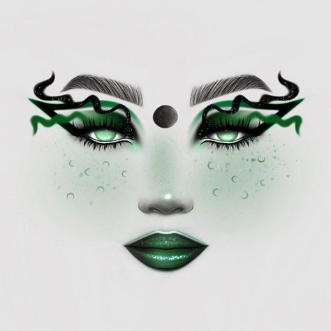 Snake Queen Costume, Medusa Glam Makeup, Green Snake Makeup Looks, Snake Make Up Eyes, Scary Tinkerbell Costume, Elfaba Makeup, Medusa Make Up Ideas, Medusa Makeup Ideas Simple, Snake Inspired Makeup