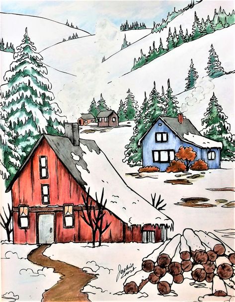 Christmas Scene Drawing, Winter Scene Paintings, Composition Painting, Scene Drawing, Painted Floor, Modern Art Paintings Abstract, Painting Art Lesson, Country Scenes, Seasons Art