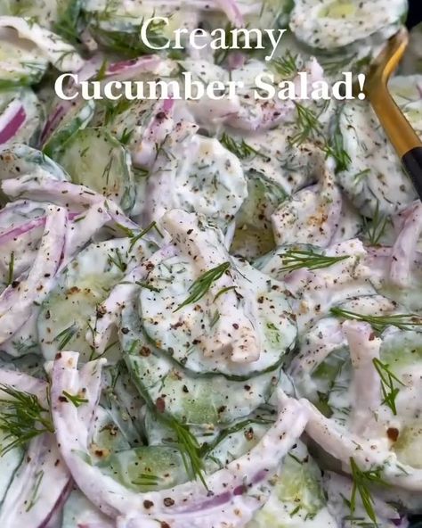 Cucumber Salad With Greek Yogurt, Greek Yogurt Dressing, Fresh Vibes, Creamy Cucumber Salad, Full Recipes, Creamy Cucumbers, Yogurt Dressing, Cucumber Recipes Salad, Tasty Recipes Videos