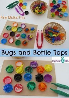 Bugs and Bottle Tops - simple, fun fine motor activity for kids. Finger Gym, Bugs Preschool, Funky Fingers, Fine Motor Activity, Fine Motor Activities For Kids, Insects Theme, Preschool Fine Motor, Fine Motor Skills Activities, Motor Skills Activities