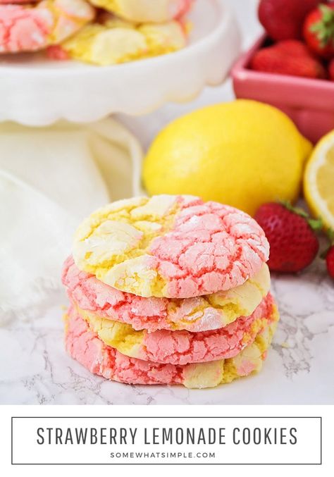 These strawberry lemonade cookies that are drizzled in a delicious icing, are the perfect combination of sweet and sour.  Made using cake mix, these cookies are fast and easy to make! #strawberrylemonadecookies #pinklemonadecookies #strawberrylemonadacakemixcookies #strawberrylemonadecookierecipe #easystrawberrylemonadecookies Strawberry Lemonade Cookies, Pink Lemonade Cookies, Lemonade Cookies, Easy Strawberry Lemonade, Strawberry Lemonade Cake, Lemon Cake Mix Cookies, Lemonade Cake, Coconut Dessert, Cookies Healthy