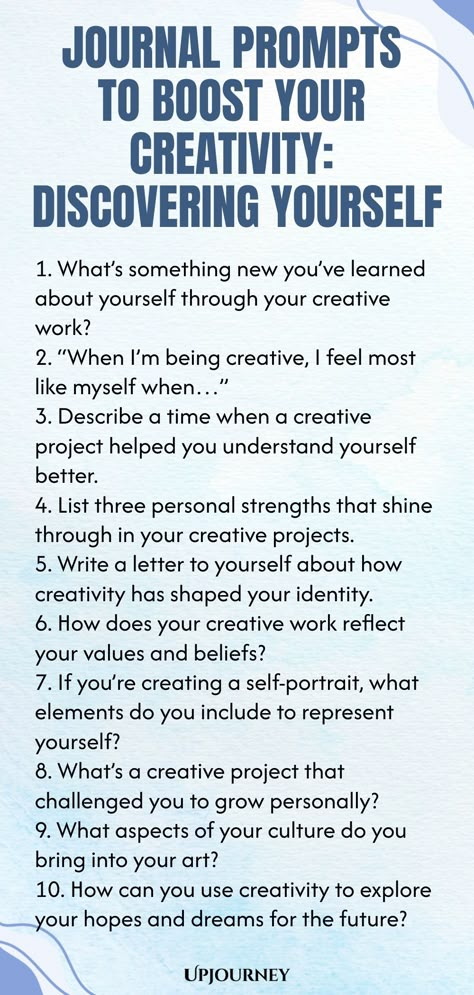 Explore these inspiring journal prompts that will ignite your creativity and help you dive deep into self-discovery. Reflect, imagine, and unleash your inner artist with "Journal Prompts to Boost Your Creativity: Discovering Yourself." Start the journey today! Journal Poems Writing Prompts, Funny Journal Prompts Hilarious, Prompt Questions Journal Ideas, Daily Journal Ideas Writing Prompts, Higher Self Journal Prompts, Self Journal Prompts, Therapy Journaling Prompts, Journaling Topics, Creative Journal Prompts