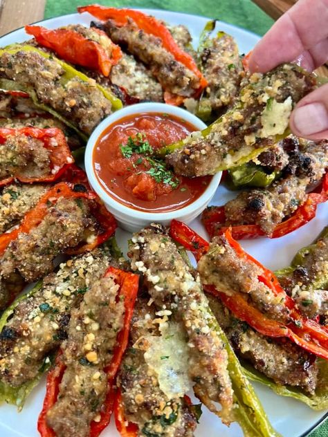 Stuffed Long Hots (Sausage & Cheese Stuffed Italian Hot Peppers) Stuffed Long Hot Peppers, Stuffed Long Hots, Italian Hot Peppers, Marinara Dipping Sauce, Long Hot Peppers, Hot Pepper Recipes, Tabasco Pepper, Stuffed Anaheim Peppers, Tomato Basil Sauce