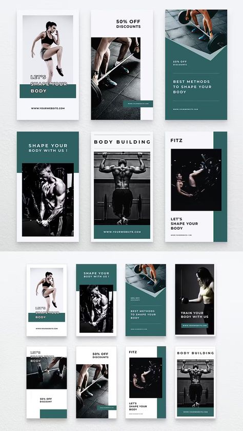 Gym & Fitness Instagram Stories Template PSD Rebranding Ideas, Graphic Design Inspiration Branding, Fitness Instagram Accounts, Fitness Branding, Gym Challenge, Instagram Stories Template, Best Instagram Stories, Instagram Training, Instagram Feed Planner