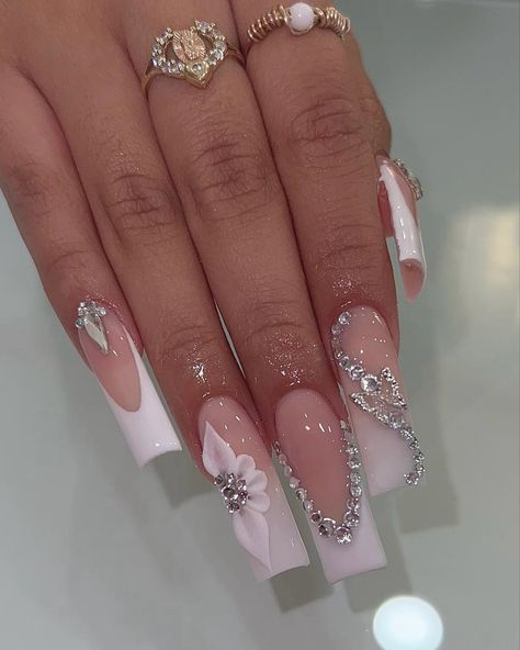 ig: nailsbyzairaa White Nail Gem Designs, Silver Prom Nails Acrylic, Grad Nails, Prom Nails Silver, White French Tip, White Acrylic Nails, Long Acrylic Nails Coffin, White Nail Designs, White Tip